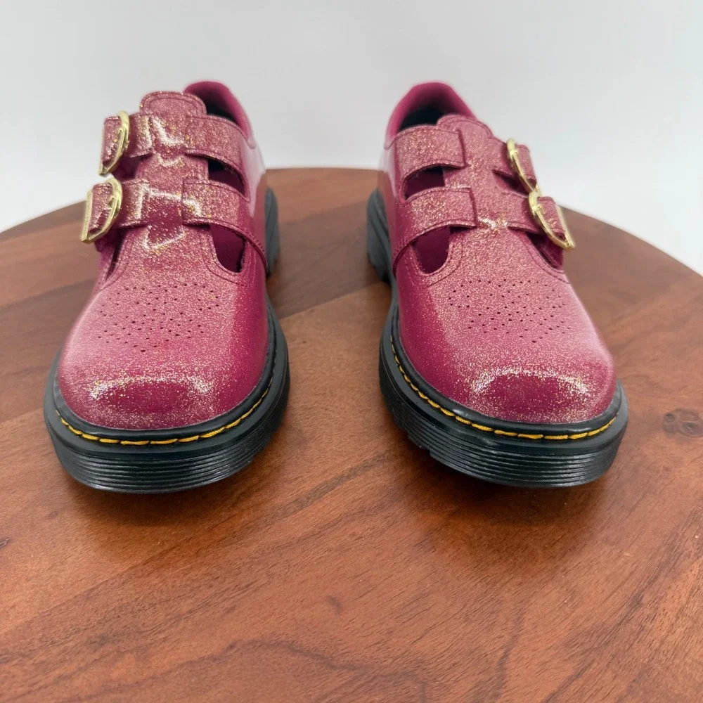 Dr. Martens 8065 J Mary Jane Pink Glitter Double Buckle School Shoes Size Kids 3